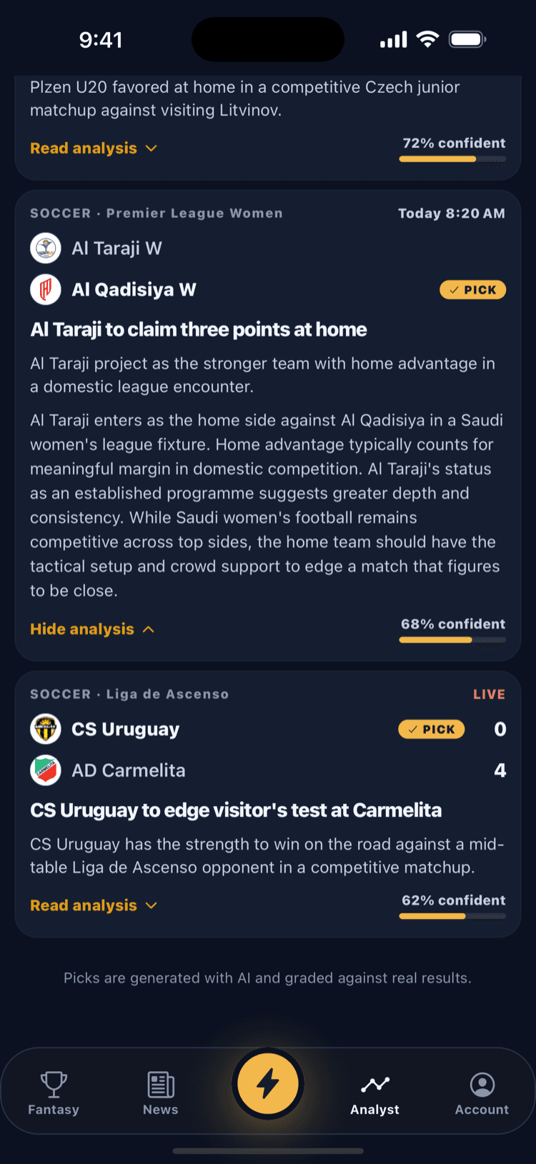 The PickStormm Analyst's picks, one opened to its written analysis