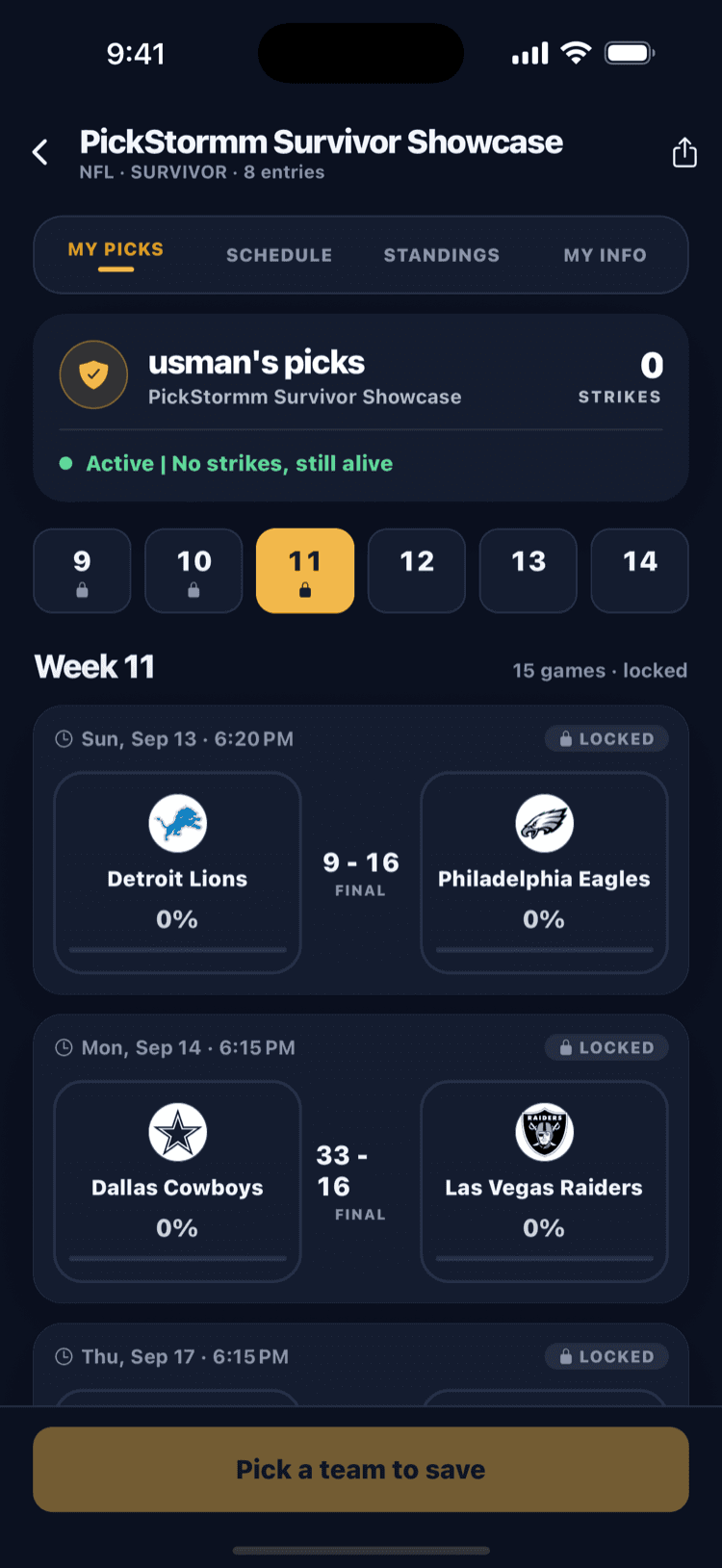 A Survivor contest showing the week's locked games and final scores