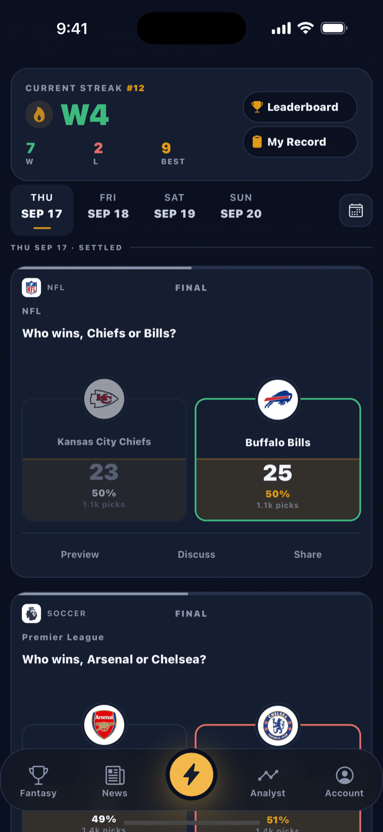 Settled picks with final scores from the NFL and the Premier League