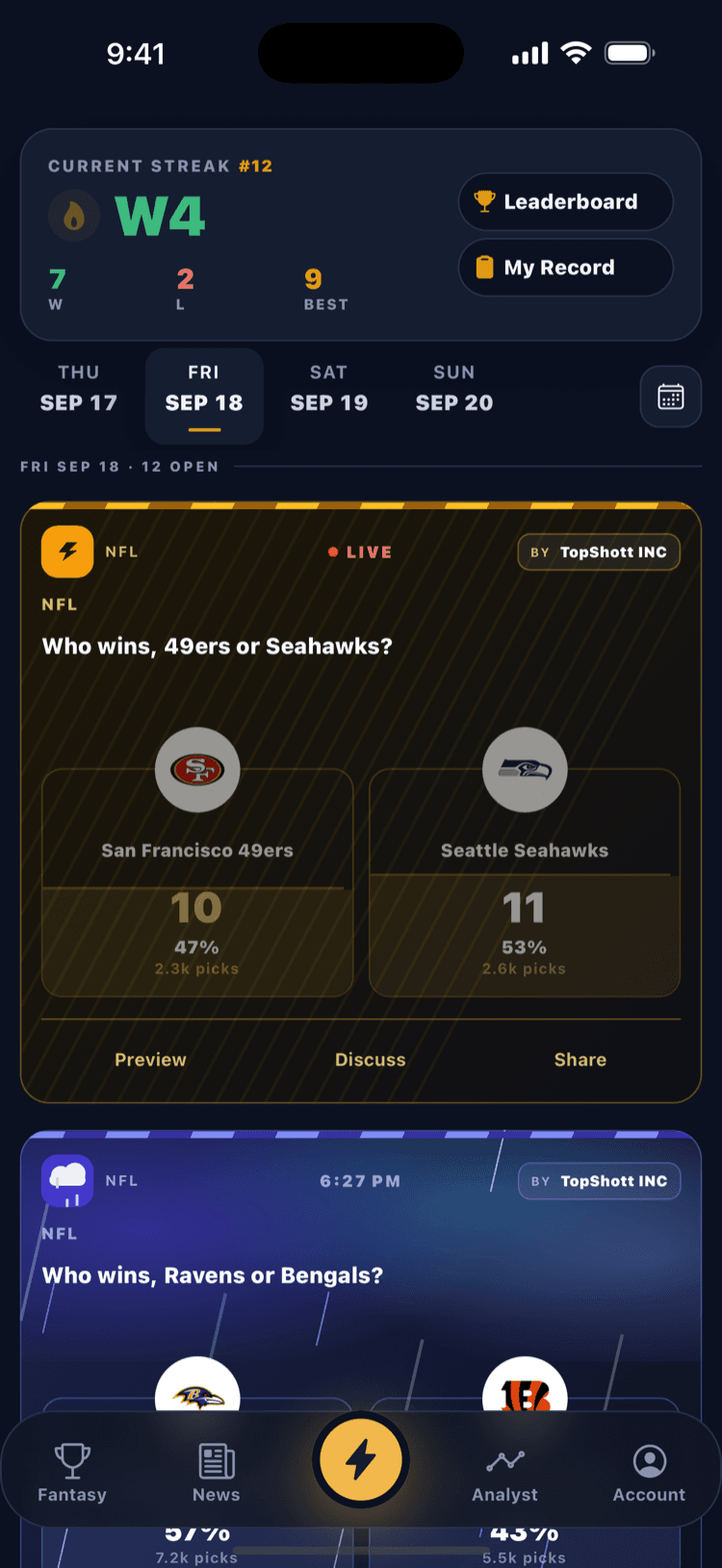 Today's picks board, led by a live Storm Pick of the Day